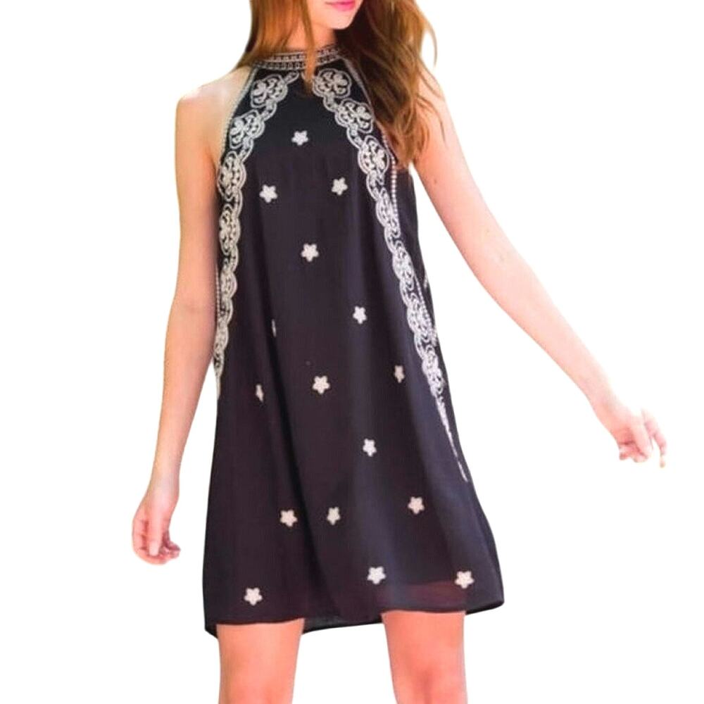 Anthropologie THML Embroidered Halter Mini Dress Black White Floral Boho M